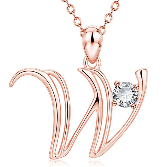 Fashion Electroplated Metal Letter Pendant Necklace With Clear Stone Inlay Alphabet Jewelry
