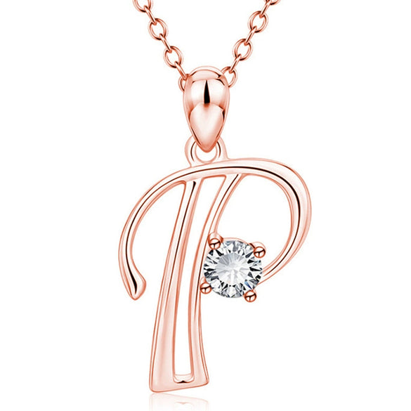Fashion Electroplated Metal Letter Pendant Necklace With Clear Stone Inlay Alphabet Jewelry