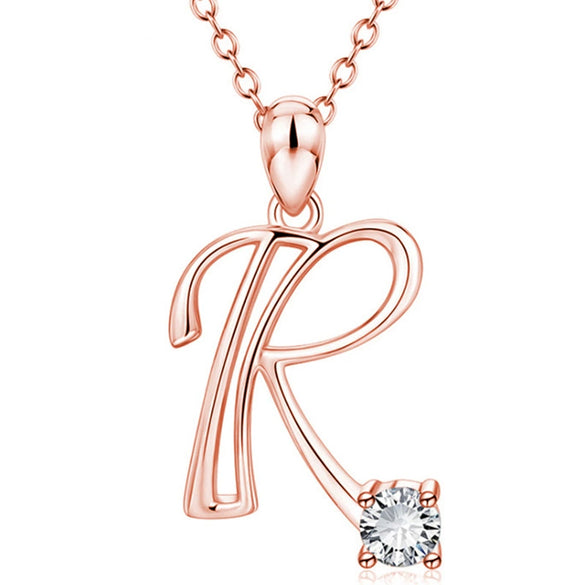Fashion Electroplated Metal Letter Pendant Necklace With Clear Stone Inlay Alphabet Jewelry