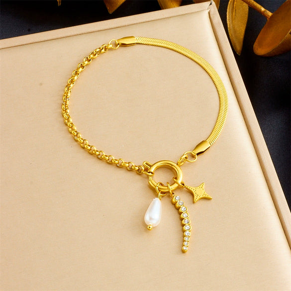Fashion Elegant Allmatch Goldplated Love Square White Bei Pearl Water Drop Pendant Irregular Stainless Steel Bracelet With Heart Shape Star Geometric Patterns Electroplated