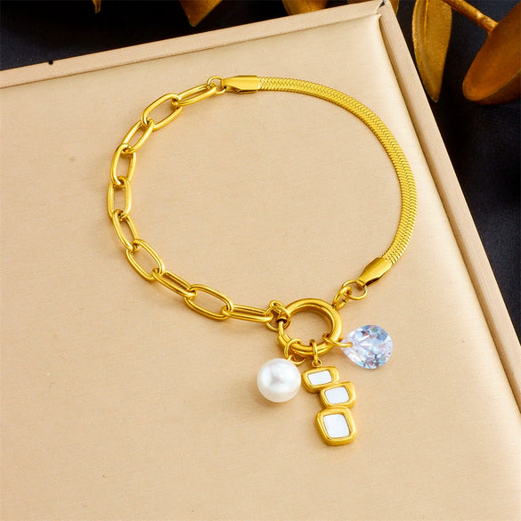 Fashion Elegant Allmatch Goldplated Love Square White Bei Pearl Water Drop Pendant Irregular Stainless Steel Bracelet With Heart Shape Star Geometric Patterns Electroplated
