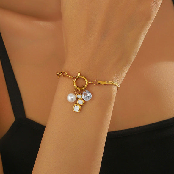 Fashion Elegant Allmatch Goldplated Love Square White Bei Pearl Water Drop Pendant Irregular Stainless Steel Bracelet With Heart Shape Star Geometric Patterns Electroplated