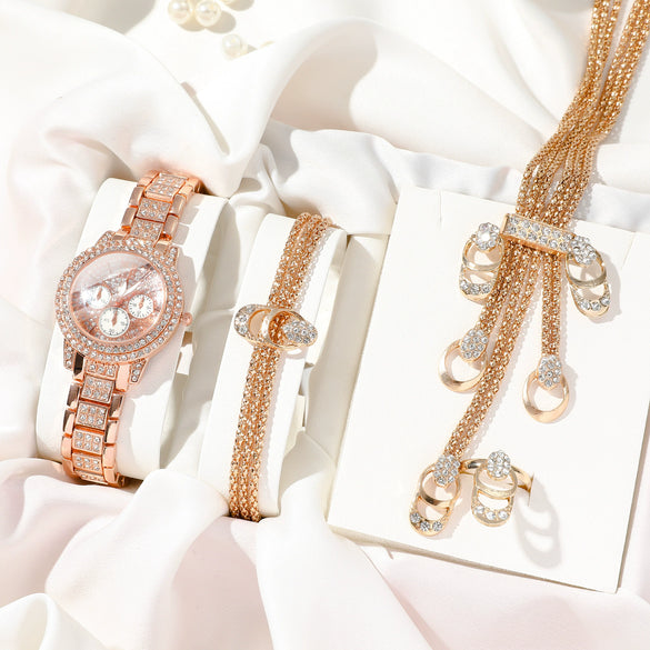 Fashion Elegant Diamondencrusted Alloy Band Rose Gold Quartz Watch For Female