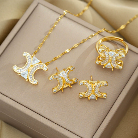 Fashion Elegant Double C Arc De Triomphe Necklace Earrings Set For Women Titanium Steel Jewelry With Geometric Design Vacuum Furnace Electroplating