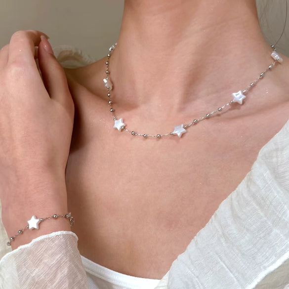 Fashion Elegant Imitation Pearls Fivepointed Star Earrings Necklace Bracelet Electroplating Design For Women
