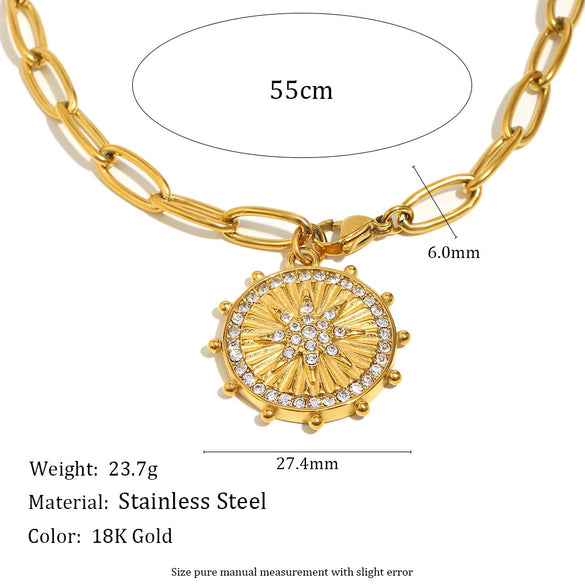 Fashion Elegant Stainless Steel And Titanium Steel Necklace With Geometric Eightpointed Star Coin Pendant Electroplated 18K Gold For Women