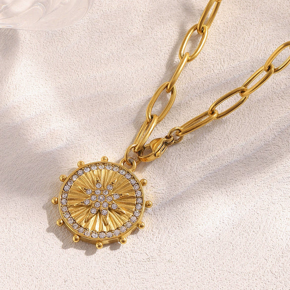 Fashion Elegant Stainless Steel And Titanium Steel Necklace With Geometric Eightpointed Star Coin Pendant Electroplated 18K Gold For Women