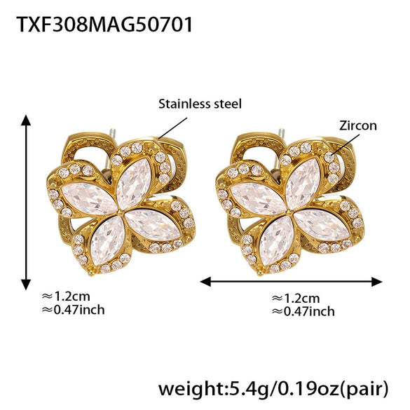 Fashion Elegant 316L Stainless Steel And 316L Stainless Steel Jewelry Set With Rotating Super Flash Zircon Fourpetal Flower Design And Electroplating For Women