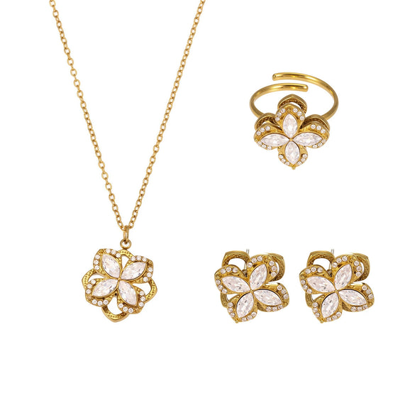 Fashion Elegant 316L Stainless Steel And 316L Stainless Steel Jewelry Set With Rotating Super Flash Zircon Fourpetal Flower Design And Electroplating For Women