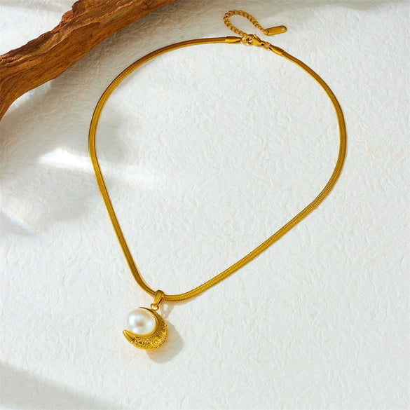 Fashion Elegant Vintage Goldplated Geometric Moon Pearl Pendant Blade Chain Stainless Steel Women's Necklace
