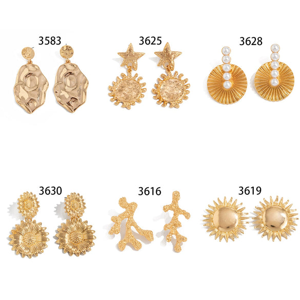 Fashion Exaggerate Alloy Fivepointed Star Sun Flower Electroplated Hammered Imitation Pearl Women's Earrings