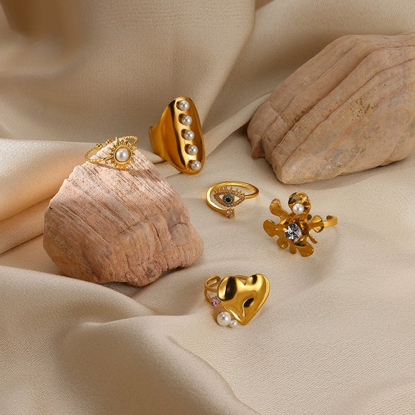 Fashion Exaggerated Big Flower Women's Ring Stainless Steel Heartshaped With Pearl Stamen And Electroplating