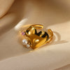 Fashion Exaggerated Big Flower Women's Ring Stainless Steel Heartshaped With Pearl Stamen And Electroplating