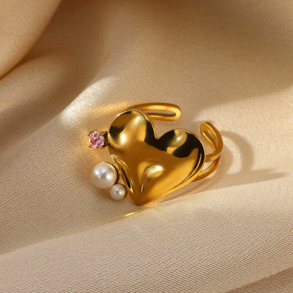 Fashion Exaggerated Big Flower Women's Ring Stainless Steel Heartshaped With Pearl Stamen And Electroplating