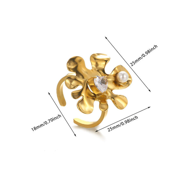 Fashion Exaggerated Big Flower Women's Ring Stainless Steel Heartshaped With Pearl Stamen And Electroplating