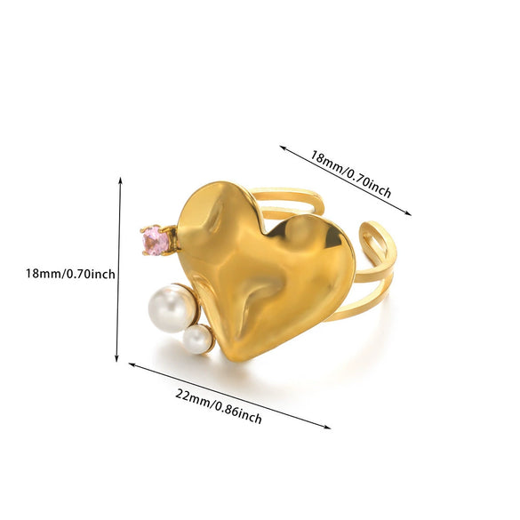 Fashion Exaggerated Big Flower Women's Ring Stainless Steel Heartshaped With Pearl Stamen And Electroplating