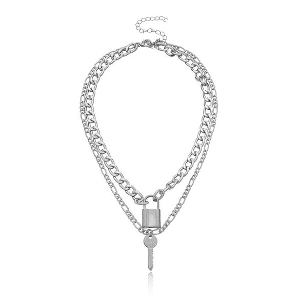Fashion Exaggerated Geometric Lock Pendant Necklace For Women With Aluminum Chain And Double Layer Alloy Material Electroplating Design