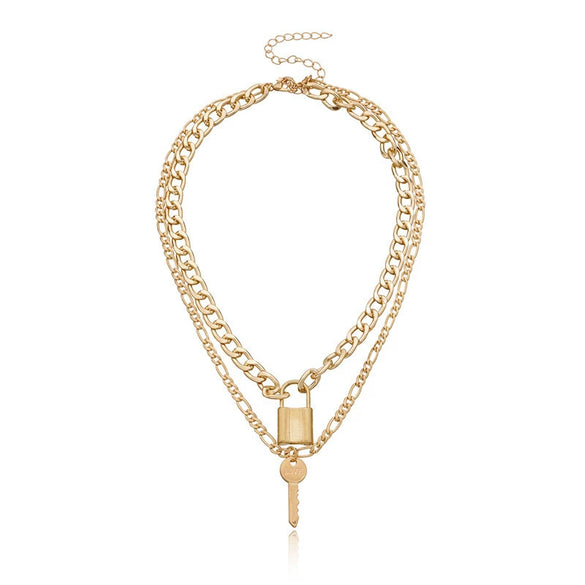 Fashion Exaggerated Geometric Lock Pendant Necklace For Women With Aluminum Chain And Double Layer Alloy Material Electroplating Design