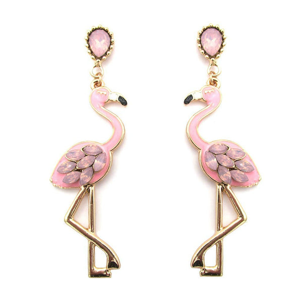 Fashion Exaggerated Hollow Flamingo Rhinestone Tassel Earrings Electroplated Geometric Animal Style Statement Earrings For Unisex
