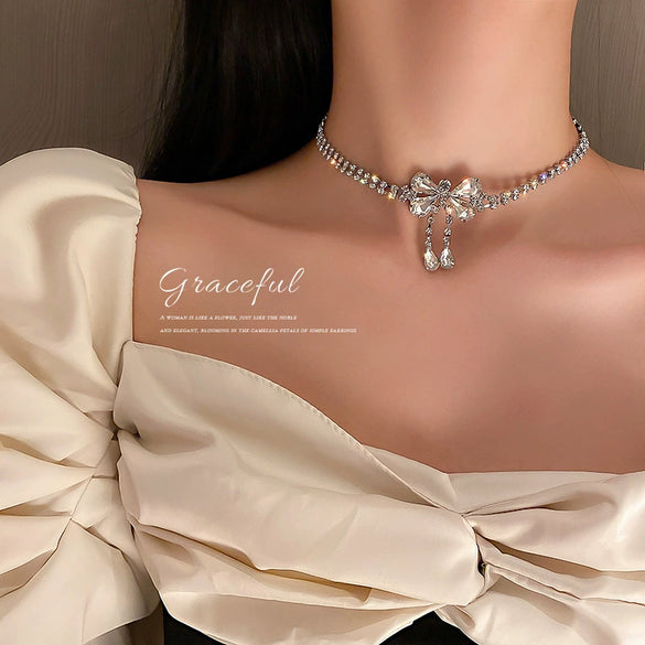 Fashion Exaggerated Personality Bow Shaped Diamond Embellished Alloy Necklace Earrings Bracelet Set For Women With Ball Chain