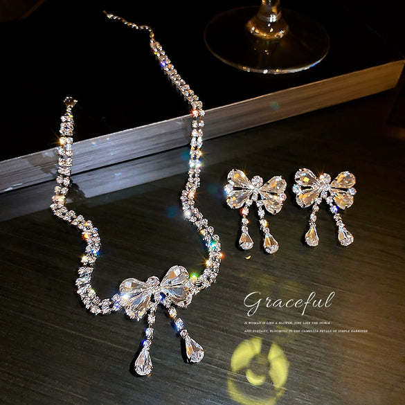 Fashion Exaggerated Personality Bow Shaped Diamond Embellished Alloy Necklace Earrings Bracelet Set For Women With Ball Chain
