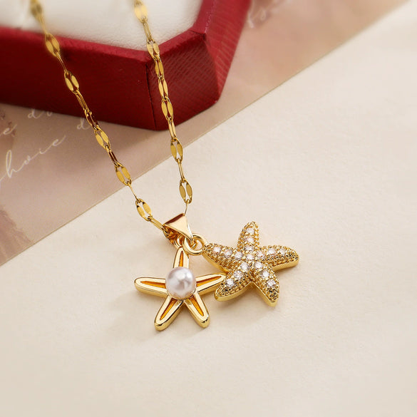 Fashion Exquisite Copper 18K Gold Plated Zircon Starfish Geometric Minimalist Pendant Necklace For Female