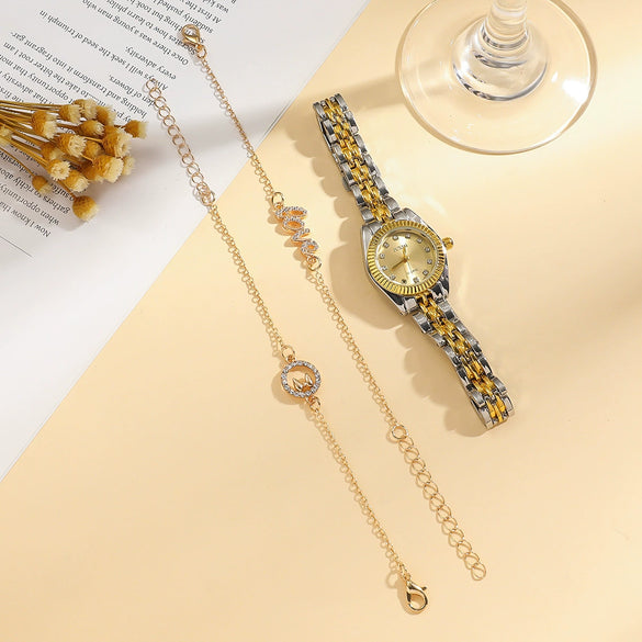 Fashion Exquisite Gradual Gold Ladies Watch With Diamond Dial And Round Shape Alloy Case And Strap Stainless Steel Buckle