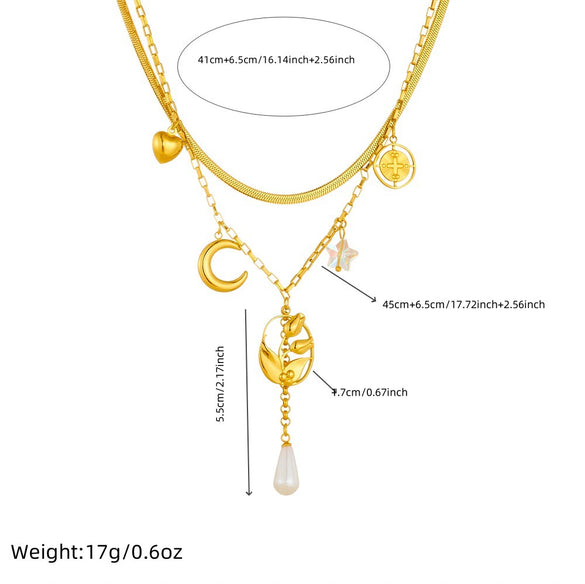Fashion Exquisite Simple Double Layer Stacked Stainless Steel Tulip Flower Moon Tassel Inlaid With Gold Chain Necklace For Women