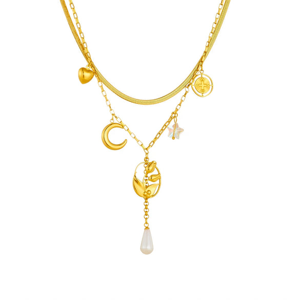 Fashion Exquisite Simple Double Layer Stacked Stainless Steel Tulip Flower Moon Tassel Inlaid With Gold Chain Necklace For Women