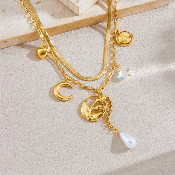Fashion Exquisite Simple Double Layer Stacked Stainless Steel Tulip Flower Moon Tassel Inlaid With Gold Chain Necklace For Women