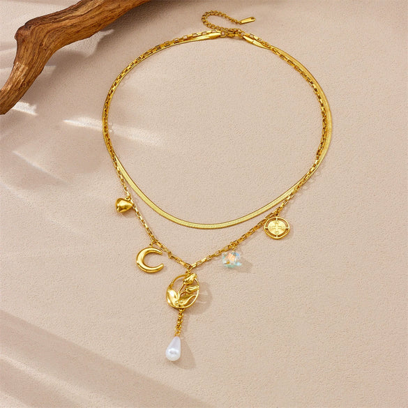 Fashion Exquisite Simple Double Layer Stacked Stainless Steel Tulip Flower Moon Tassel Inlaid With Gold Chain Necklace For Women