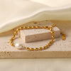 Fashion Fadeless Natural Freshwater Pearl Oval Gold Bean Titanium Steel Bracelet Necklace With Geometric Pattern Set With Precious Stones