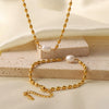 Fashion Fadeless Natural Freshwater Pearl Oval Gold Bean Titanium Steel Bracelet Necklace With Geometric Pattern Set With Precious Stones
