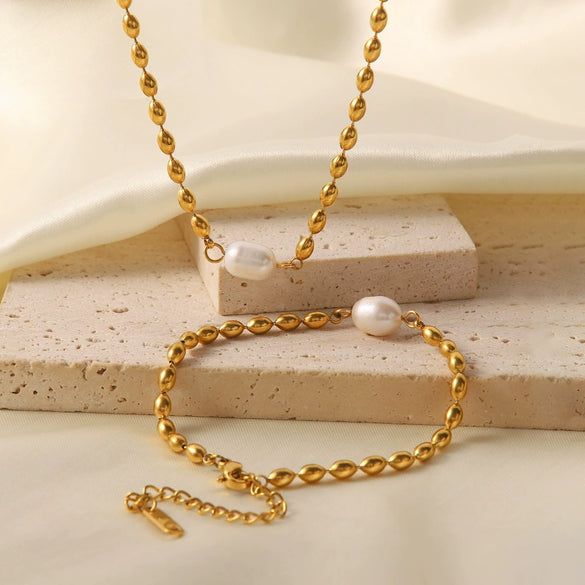 Fashion Fadeless Natural Freshwater Pearl Oval Gold Bean Titanium Steel Bracelet Necklace With Geometric Pattern Set With Precious Stones