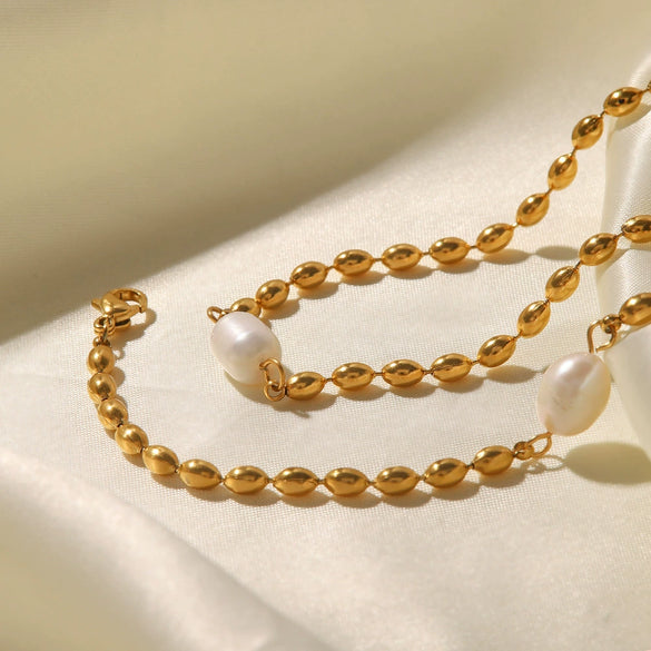 Fashion Fadeless Natural Freshwater Pearl Oval Gold Bean Titanium Steel Bracelet Necklace With Geometric Pattern Set With Precious Stones