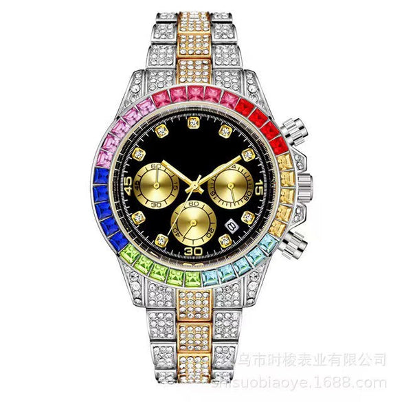 Fashion Fake Three Eyes Color Diamond Quartz Watch Alloy Steel Band Round Dial For Men