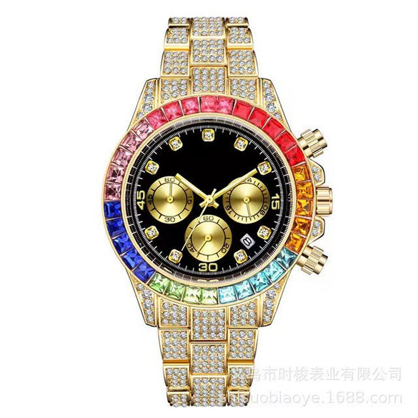 Fashion Fake Three Eyes Color Diamond Quartz Watch Alloy Steel Band Round Dial For Men