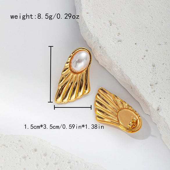 Fashion Feather Pearl Inlay Stainless Steel Earrings With Wings Design And Electroplating Treatment