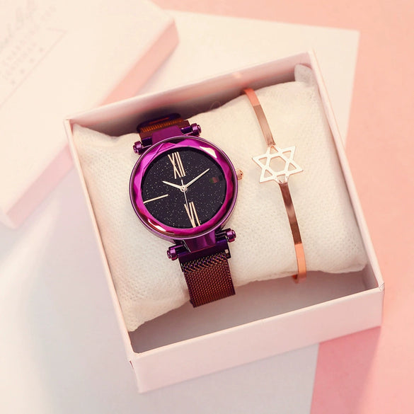 Fashion Female Alloy And Stainless Steel Round Dial Magnet Watch