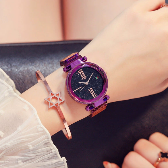 Fashion Female Alloy And Stainless Steel Round Dial Magnet Watch