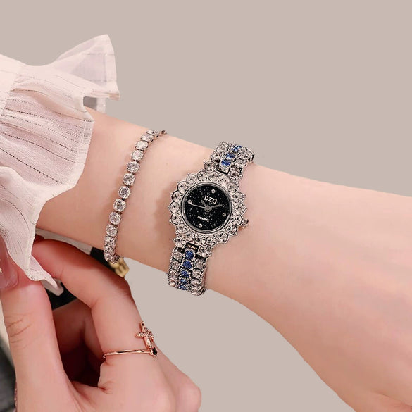 Fashion Female Alloy Tennis Chain Wrist Watch Set With Rhombus Dial And Stainless Steel Clasp