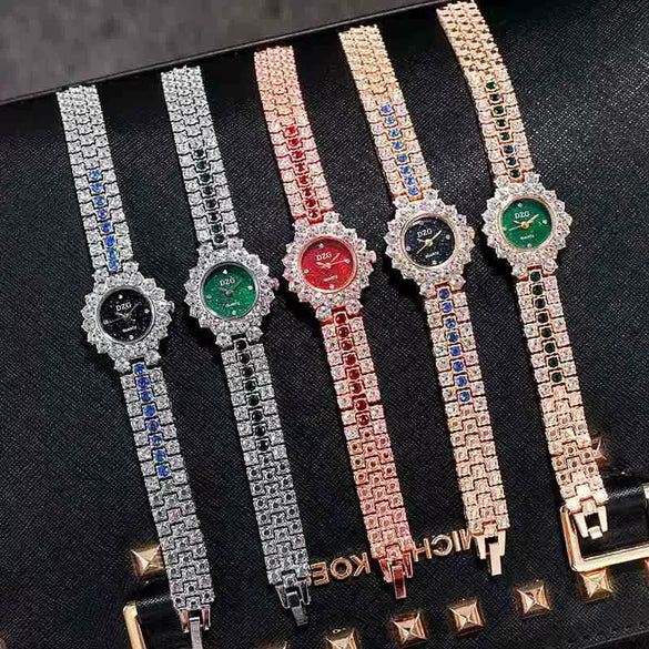 Fashion Female Alloy Tennis Chain Wrist Watch Set With Rhombus Dial And Stainless Steel Clasp