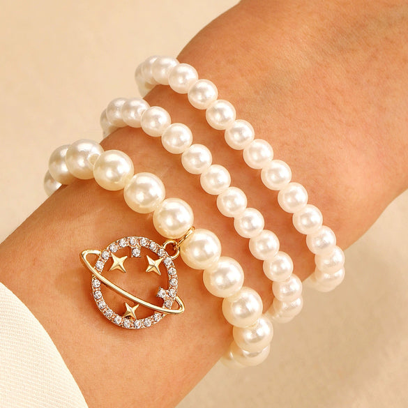 Fashion Female Retro Multilayer Alloy Imitation Pearl Flower Geometric Bracelet With Electroplating