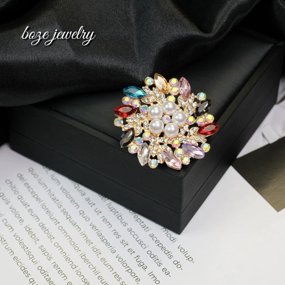 Fashion Flower Pearl Crystal Alloy Brooch Electroplated For Women