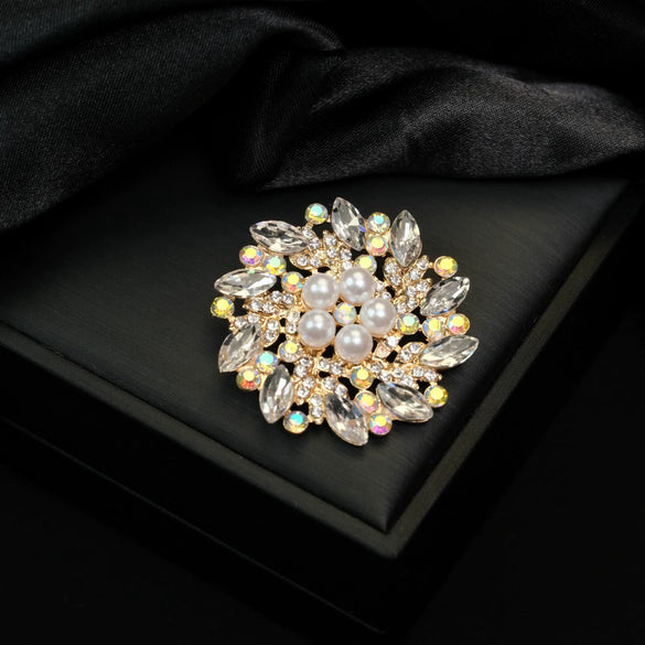 Fashion Flower Pearl Crystal Alloy Brooch Electroplated For Women
