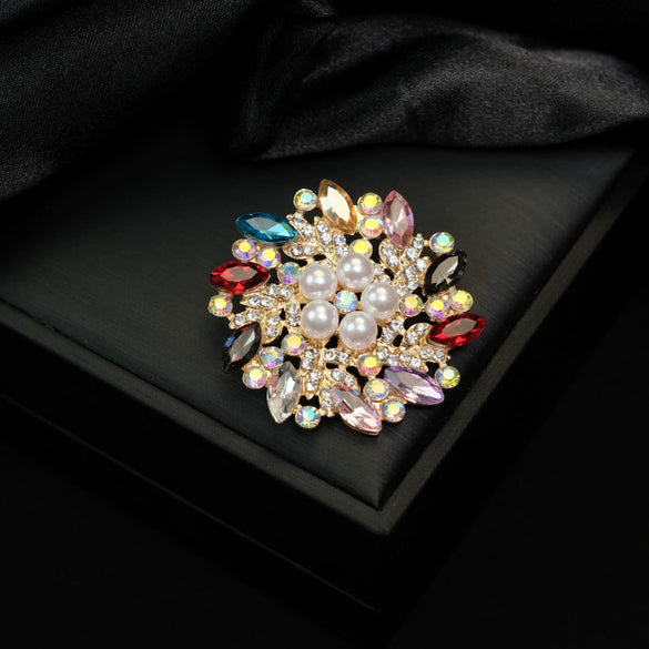 Fashion Flower Pearl Crystal Alloy Brooch Electroplated For Women