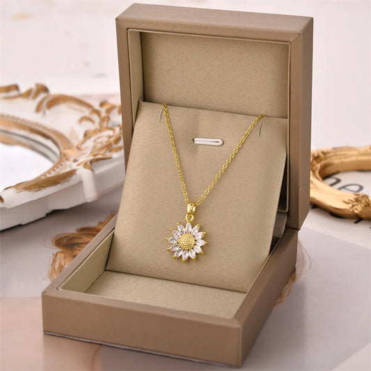 Fashion Flower Stainless Steel Inlay Zircon Pendant Necklace 1 Piece