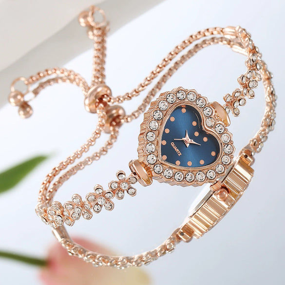 Fashion Flower Women's Bracelet Watch With Diamondembedded Heart Color Dial Alloy Strap And Metal Case