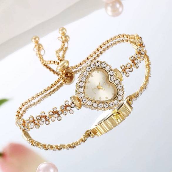 Fashion Flower Women's Bracelet Watch With Diamondembedded Heart Color Dial Alloy Strap And Metal Case