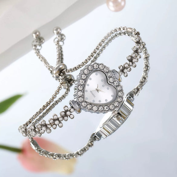 Fashion Flower Women's Bracelet Watch With Diamondembedded Heart Color Dial Alloy Strap And Metal Case
